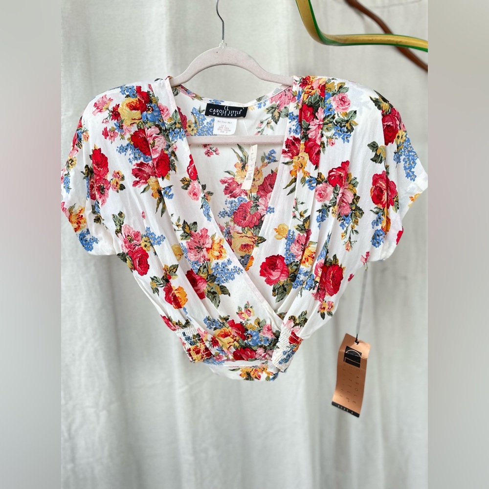Carole Little Petites white crop top with a colorful floral pattern